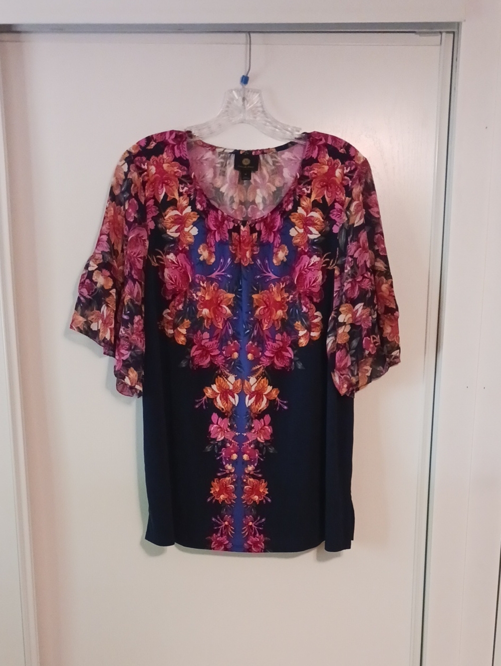 JM Collection XL Navy Blouse with Pink and Orange Floral Design